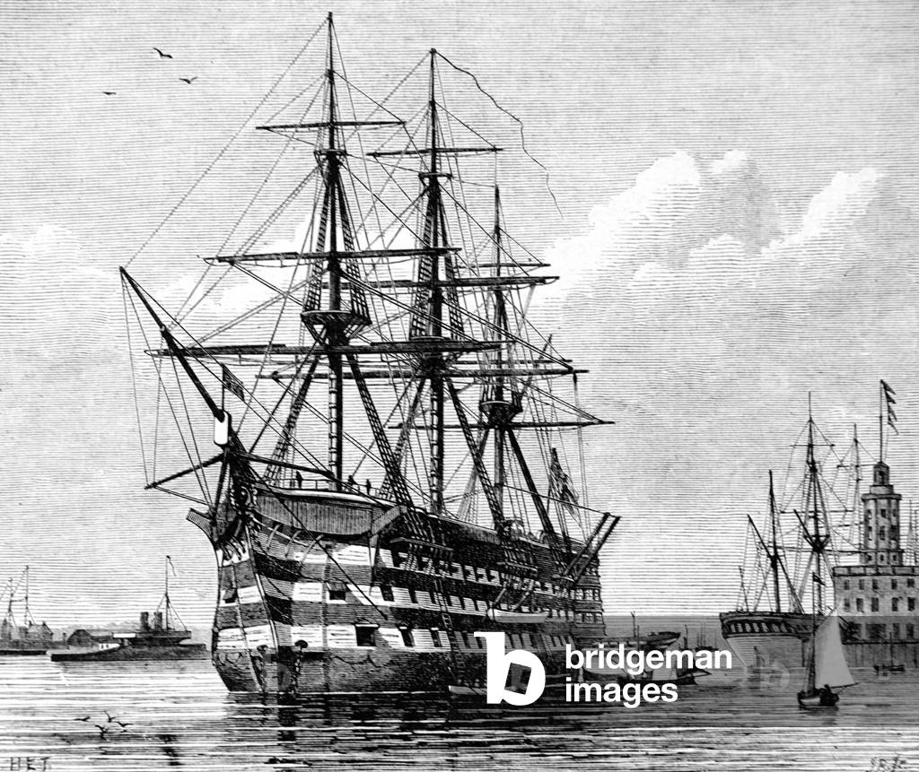 British Warship HMS Victory, launched 1765, in Portsmouth Harbour England, 1884 (engraving)