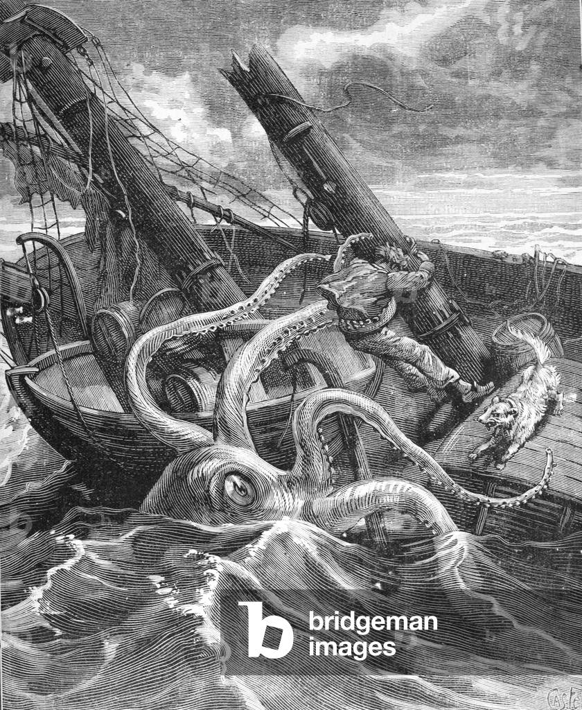 Giant Squid or Octopus Attacking Sailing Boat in the Atlantic Ocean, 1881 (engraving)