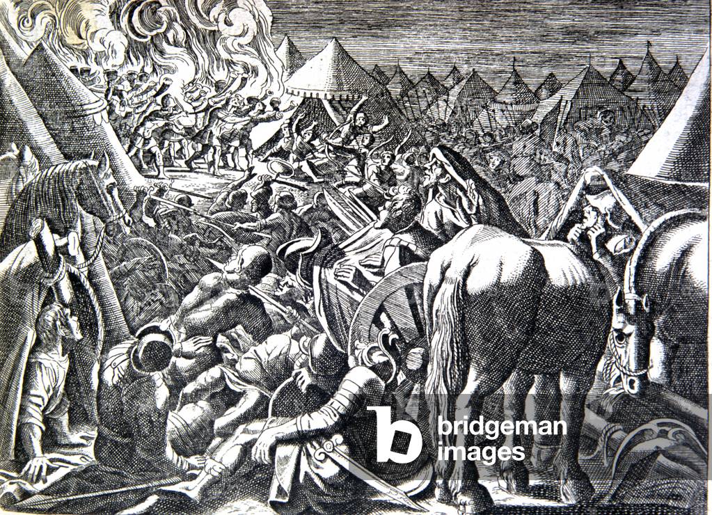 Wood engraving. French Bible. 1687. Judges 7.  Defeat of the Midianites by Gideon.