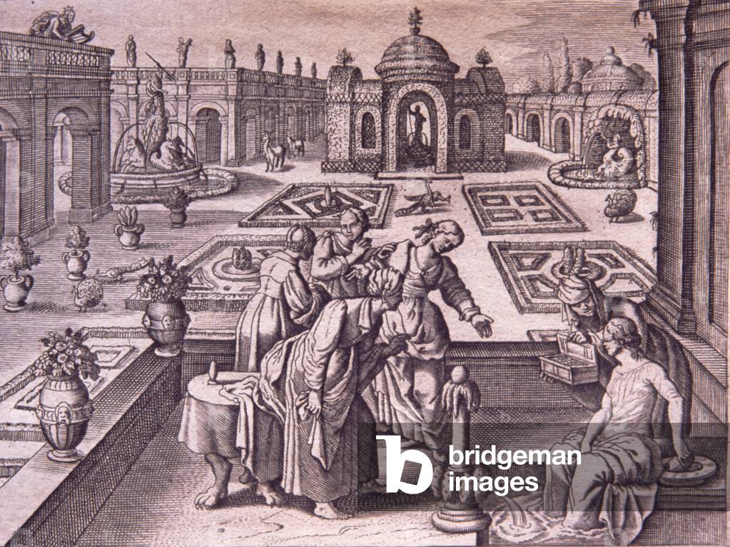 David spies on Bathsheba wife of Uriah bathing,  wood engraving from French Bible, 17th c.