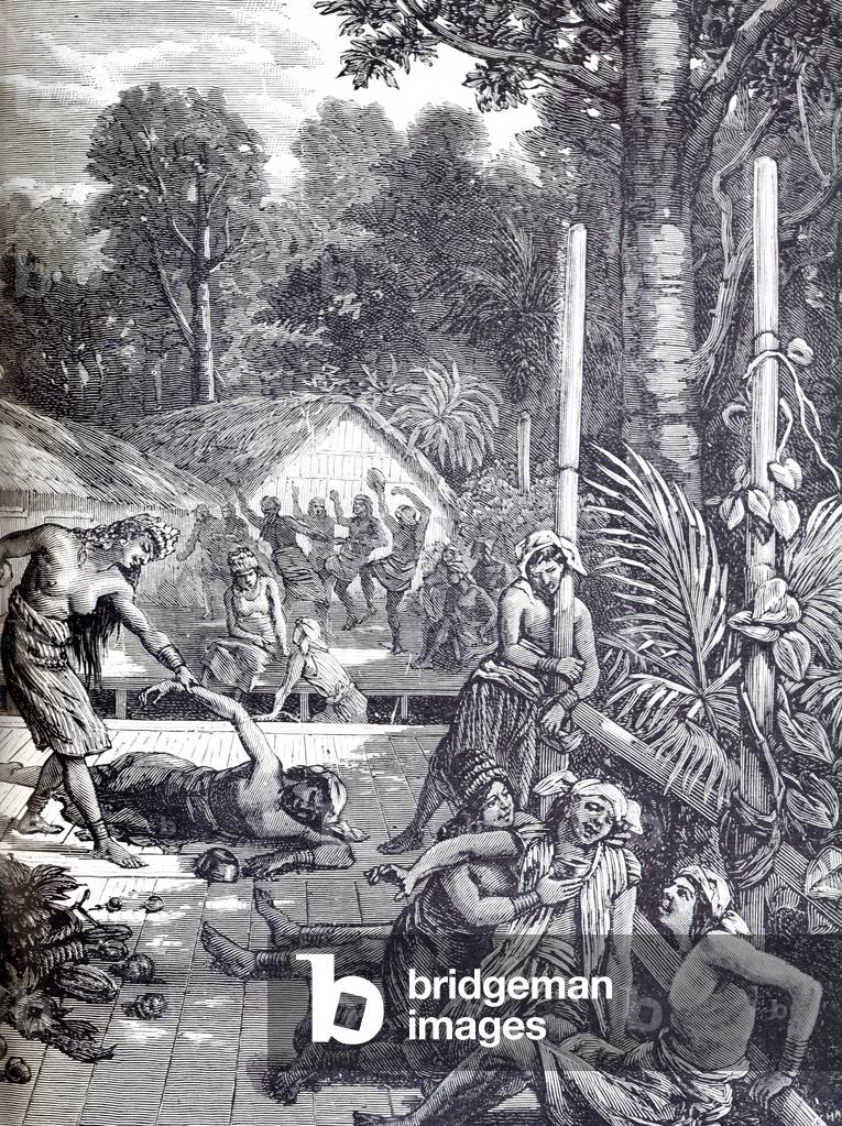 Wedding or Marriage Festival in a Dayak Longhouse Borneo, 1883 (engraving)