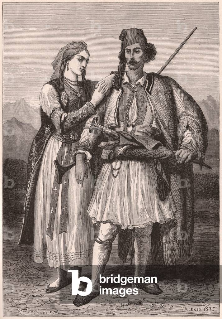 View of a couple in Albanian traditional costume in the XIX century (engraving)