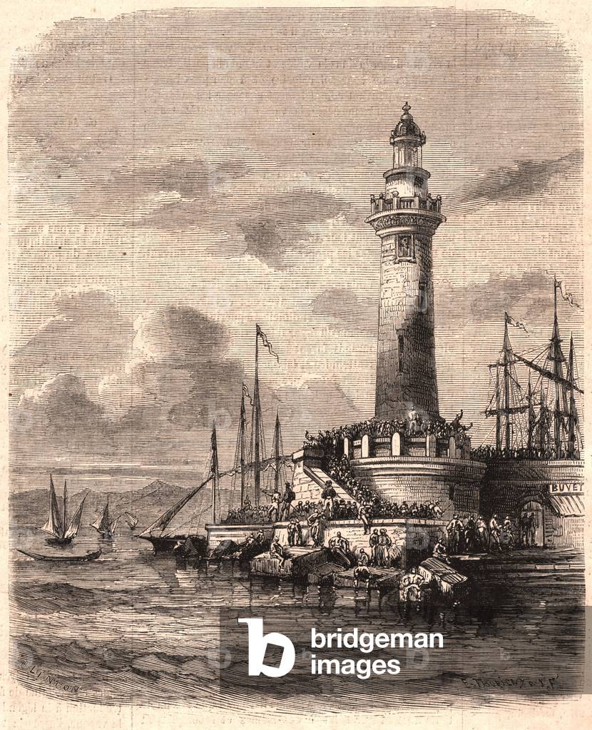 View of the Lighthouse of Point of Joliette in Marseille in XIX century (engraving)