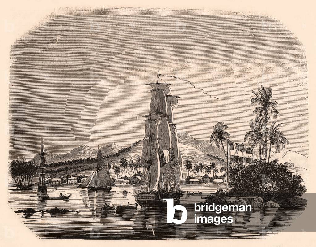 View of the bay Papeete and block Queen, Tahiti, French Polynesia and in the foreground sailboats and boats (engraving)