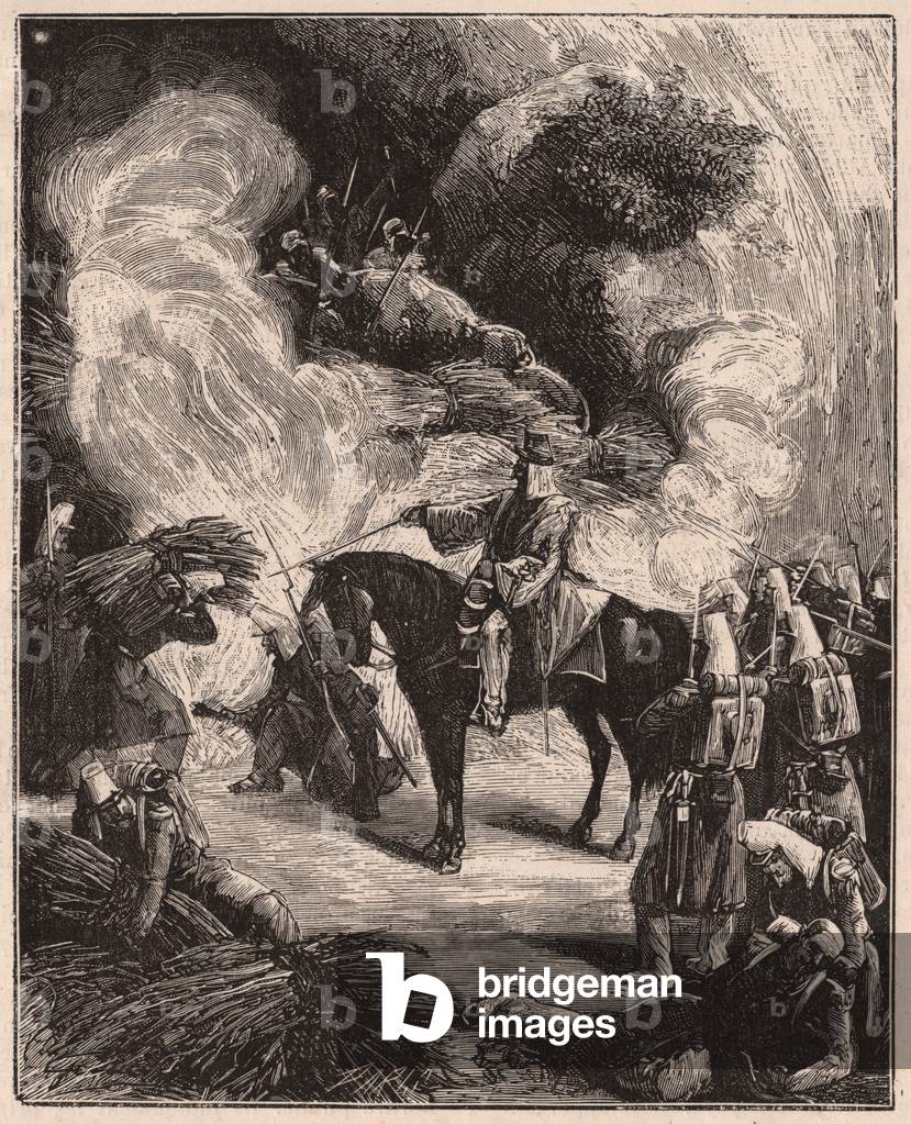 African troops asphyxiating Algerians in a cave, during the conquest of the territory of Regence Algiers in 1844-45 (engraving)