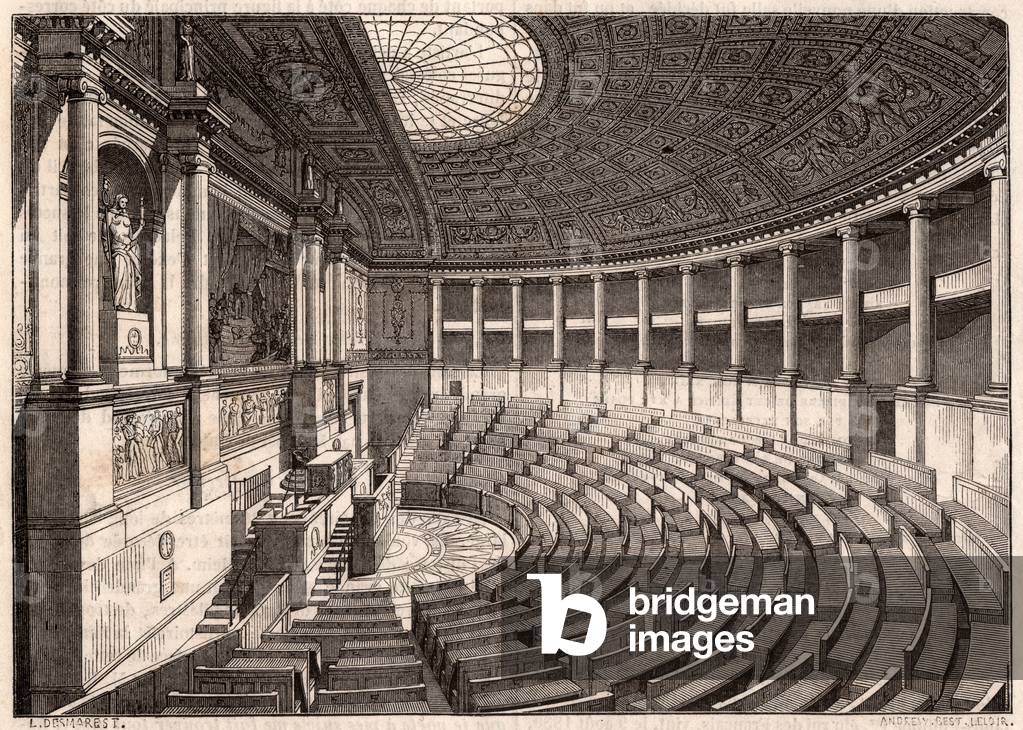 Inside view of the Chamber of Deputies (National Assembly), formerly called Palais Bourbon, Paris, France (engraving)