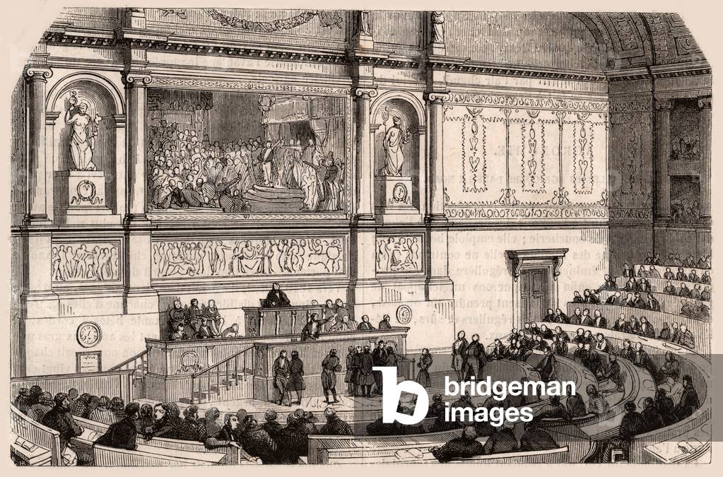 Inside view of the National Assembly at a session of the Chamber of Deputies, Paris, France (engraving)