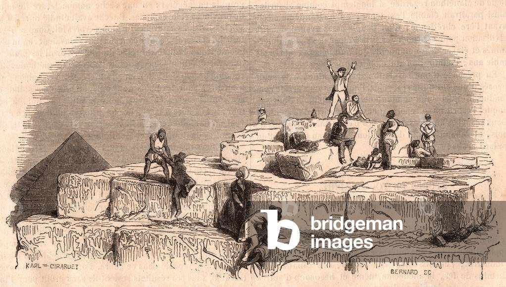 View from the top of the Great Pyramid of Khufu: a group of Europeans arriving on the summit helped by Egyptians (engraving)