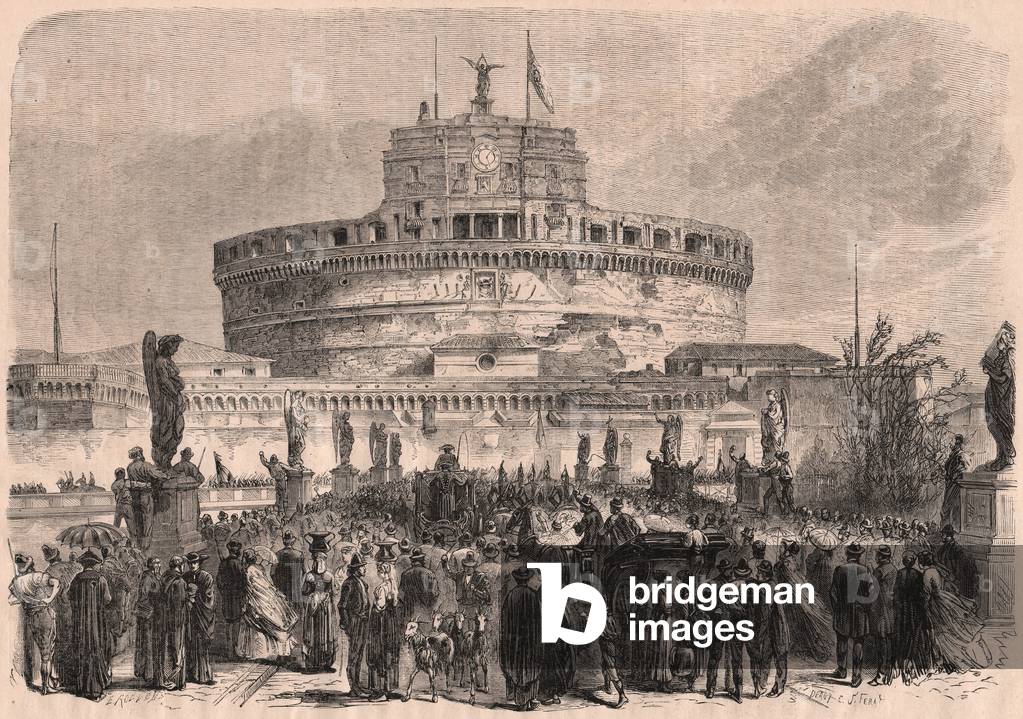 View of St. Angelo Castle (Castel Sant'Angelo) Rome, Italy (engraving)