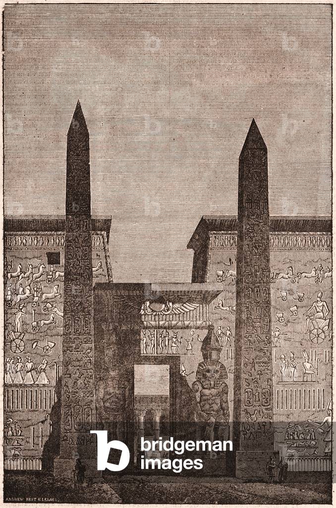 Front view of a reconstruction of Luxor Obelisks in Egypt (engraving)