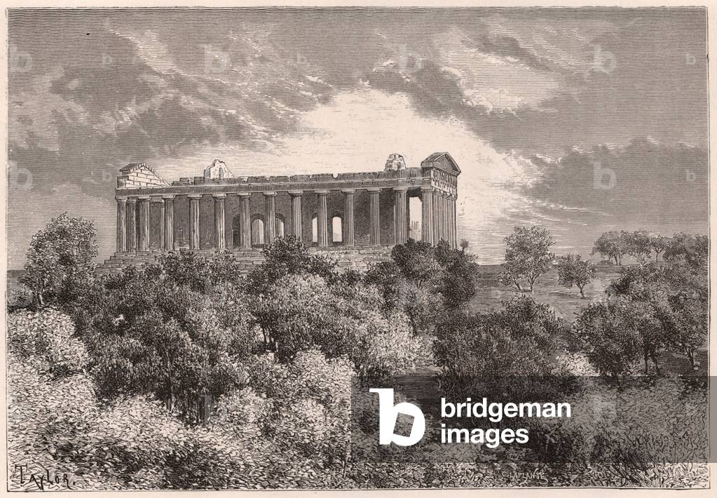 Side view of the ancient Hellenic Temple of Concord in Agrigento in Sicily, Italy (engraving)