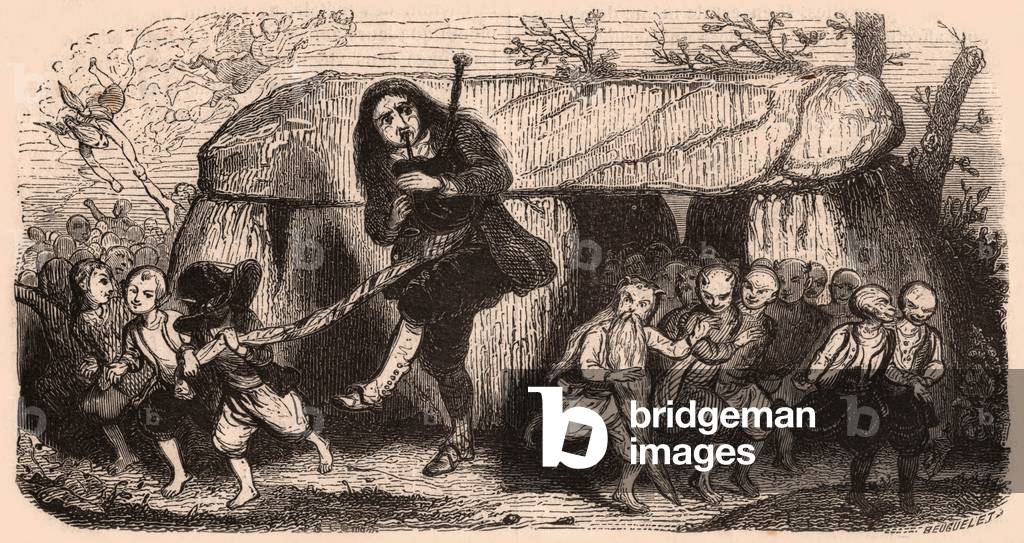 Illustration of a legend after Breton traditions: the Lao bagpipe player and goblins dancing in front of a dolmen (engraving)