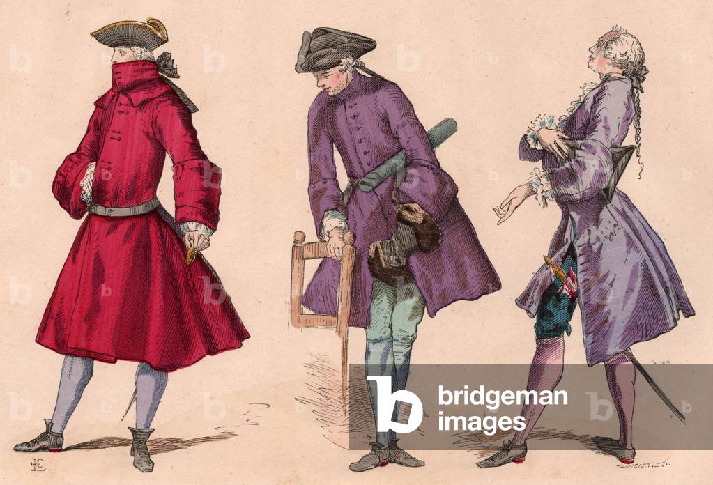 Three men in costumes of the eighteenth century with frock coats and tricorn hats, including a bourgeois dress and ceremony dress (colour engraving)