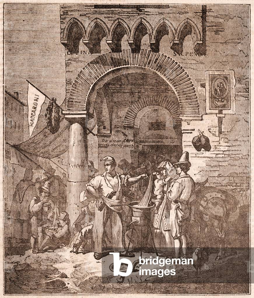Merchant cooking pasta in a saucepan, Italian scene (engraving)