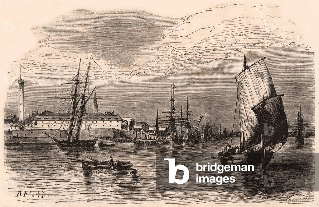 View of the Port of Lorient, Morbihan, Brittany, France: sailboats and boat in the foreground, harbor buildings and lighthouse in the background (engraving)