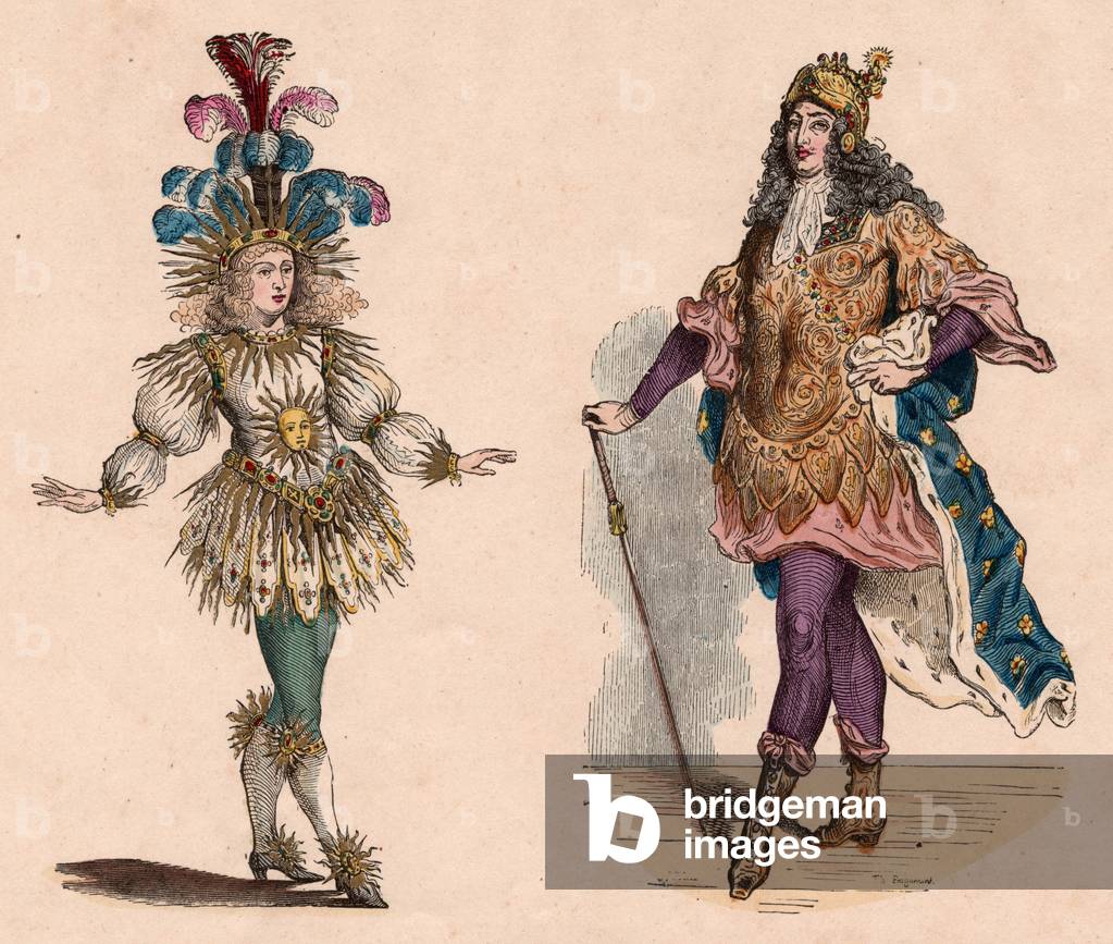 Two views of Louis XIV in suits: one for the theater evoking the sun with ostrich feathers, one for the carousel, with armor and cape lilies (engraving)