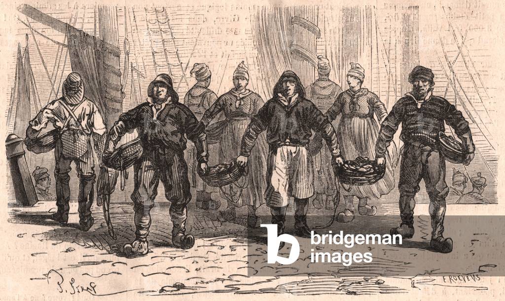 Fishermen with baskets full of fish on the quay of the port of Trouville, France (engraving)