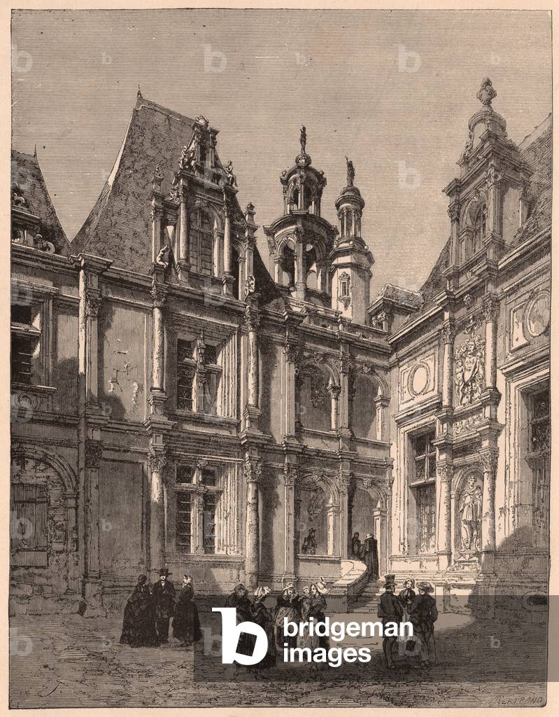 View from the interior of the courtyard of the Hotel Escoville in Caen in 1860, France (engraving)