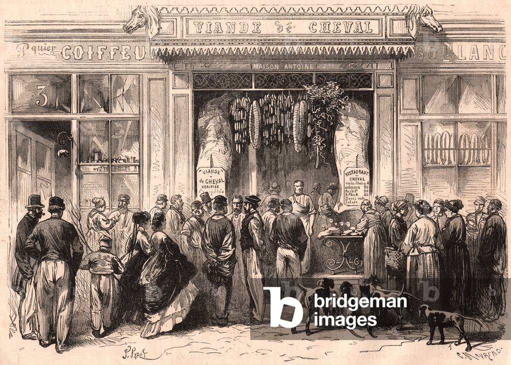 View of the front of a horsemeat butcher in Paris, France (engraving)