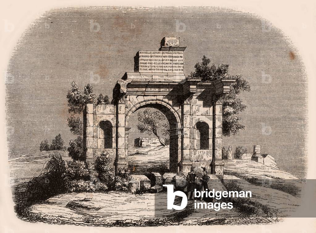 Front view of the Roman arch of Djemilah in Algeria: two French soldiers posing in front of the ruins (engraving)