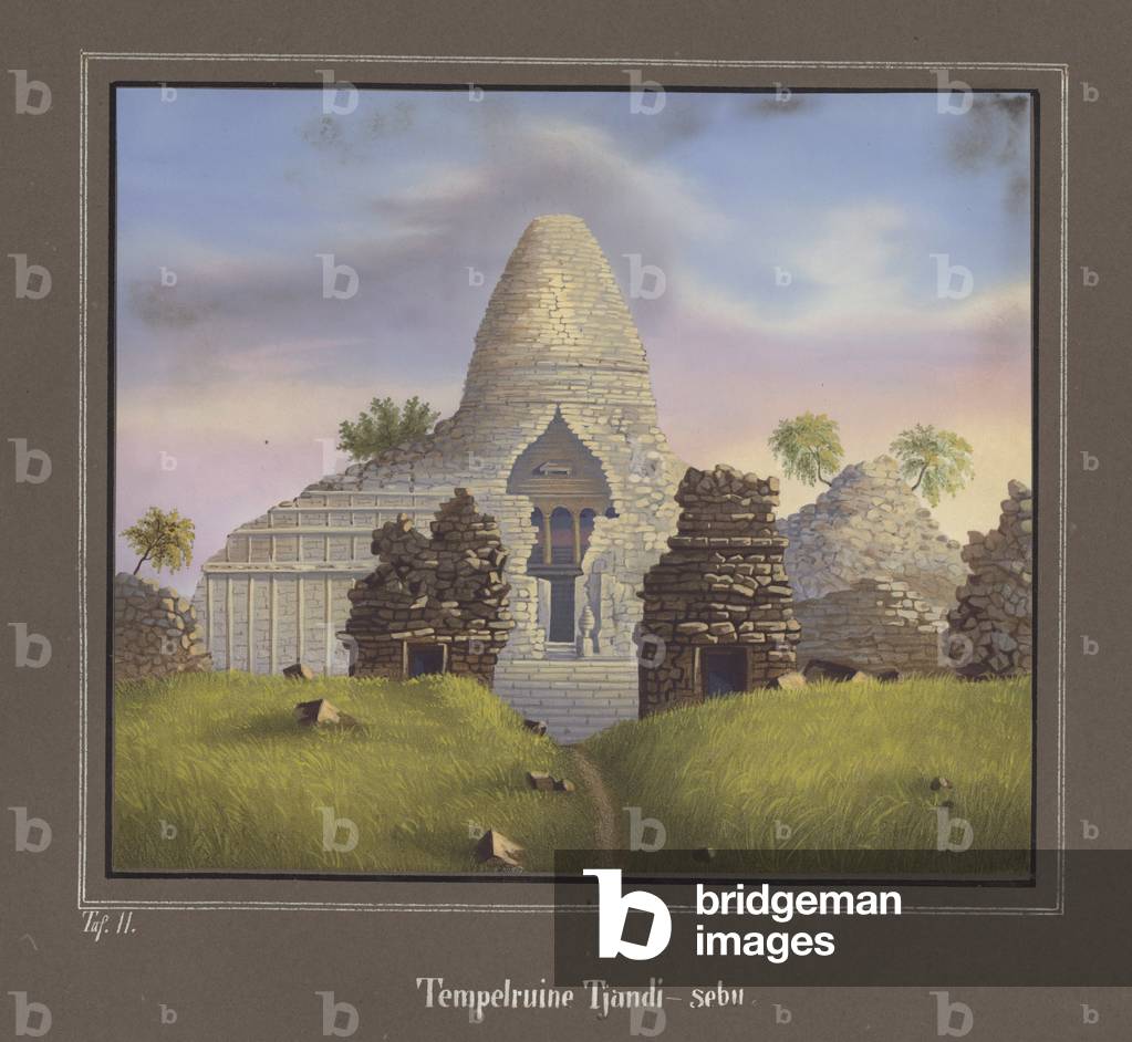 Ruin of the Temple Tjandi-sebu, Pl.II from 'Topographischer und Naturwissenschaftlicher Atlas zur Reise durch Java', by Dr.Fr.Junghuhn, Magdeburg 1845 (colour litho)