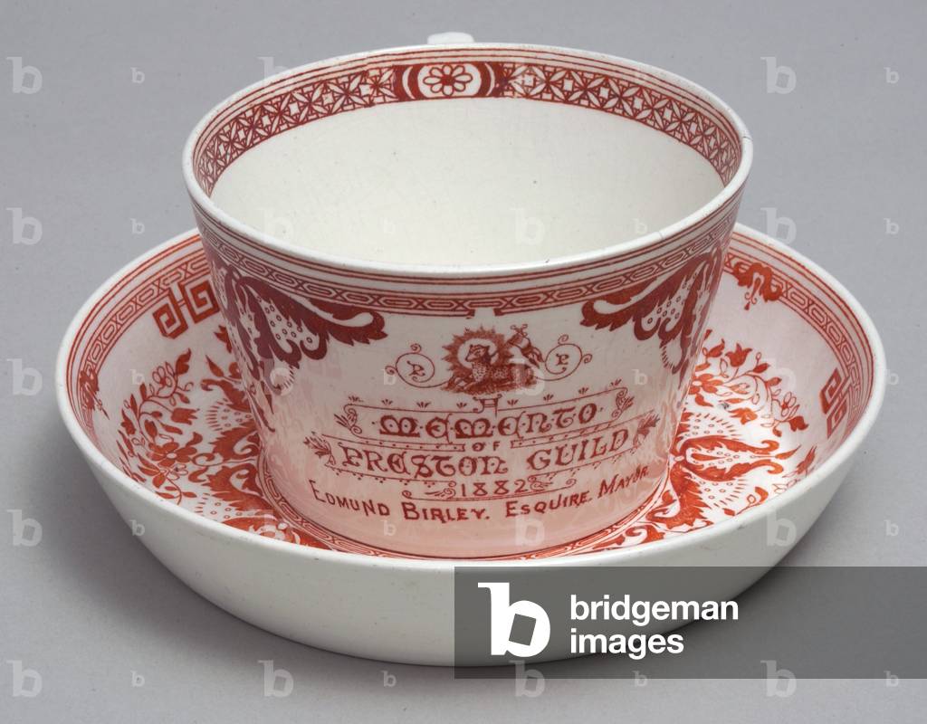 Commemorative teacup and saucer reading 'A Memento of Preston Guild 1882', Minton, England, c.1882 (earthenware)