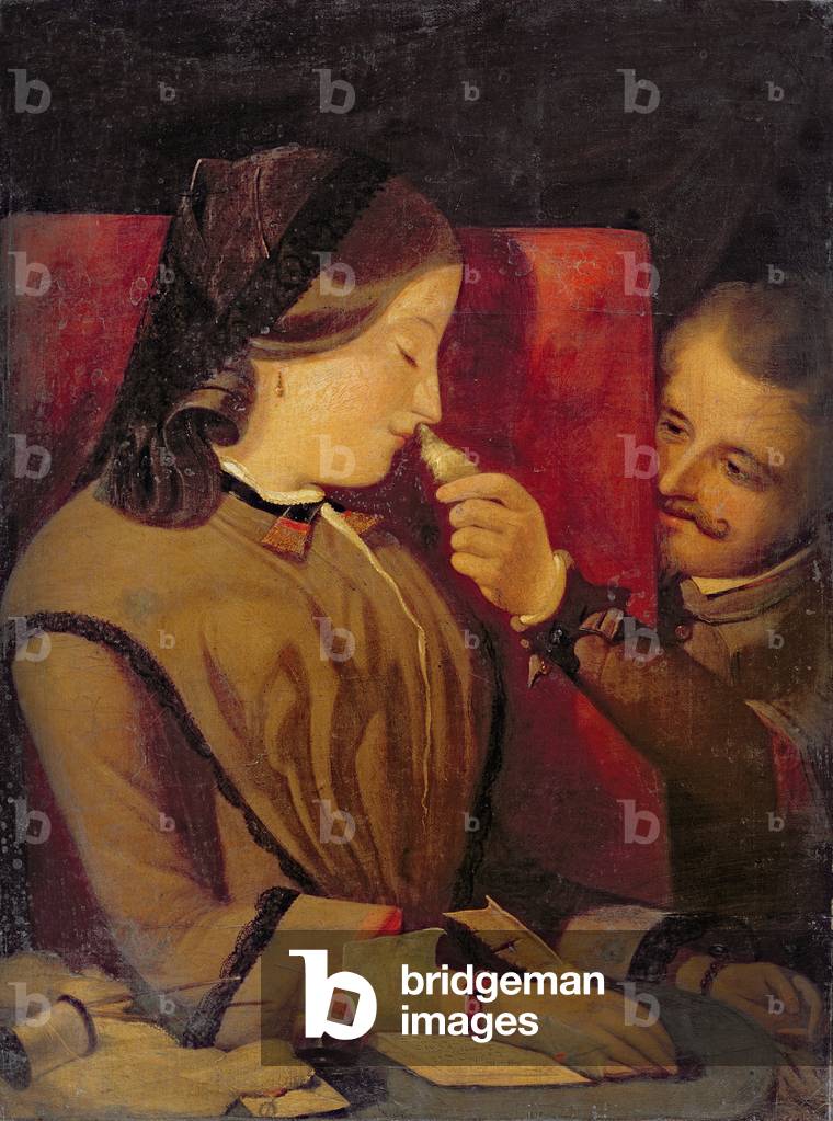 Mann kitzelt mit einer Feder die Nase einer Frau, c.1860 (Öl auf Leinwand)