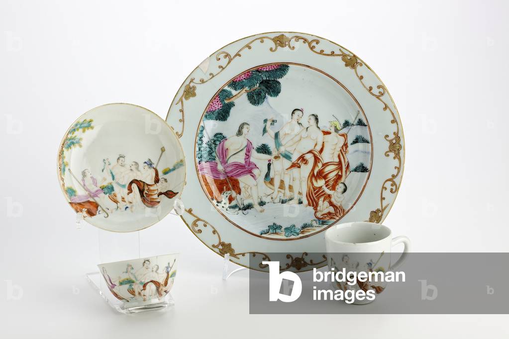 Plate, tea bowl, coffee cup and saucer decorated with representations of the Judgement of Paris (porcelain)
