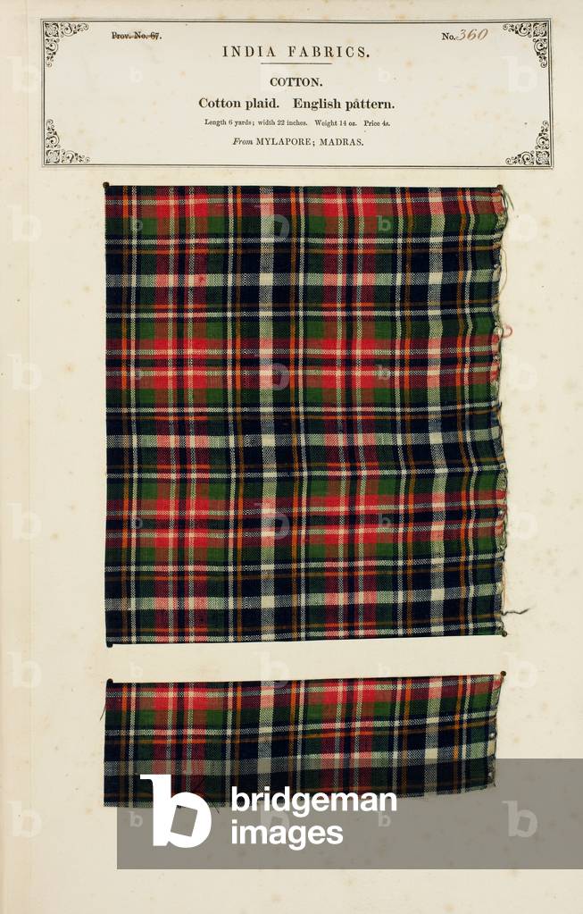 Cotton plaid sample from Mylapore in Madras, from 'The Collection of the Textile Manufacturers of India', by John Forbes Watson, published in 1866 (mixed media)