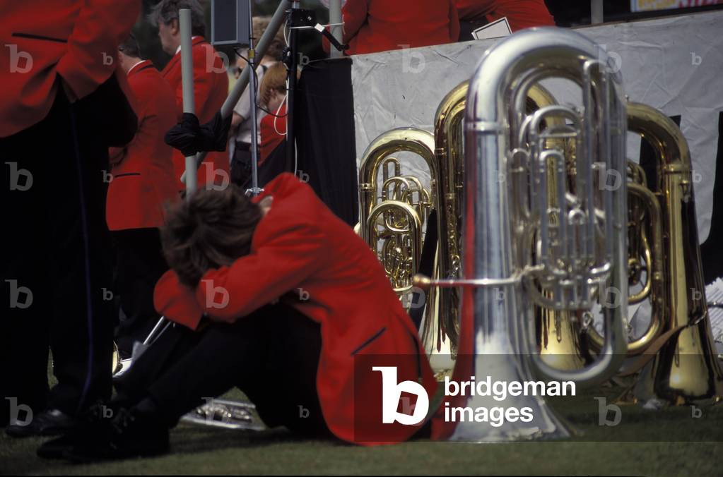Marching Band, at Durham Miners' Gala, 1995. At rest, sitting by instruments.