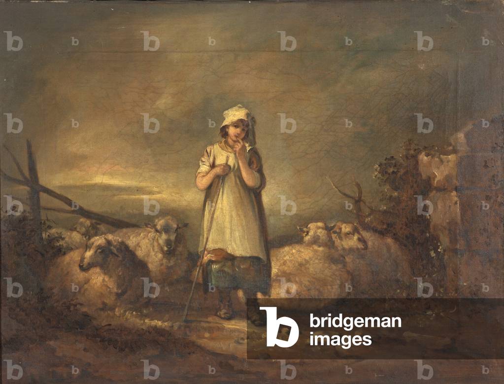 Gloucestershire Girl keeping Sheep (oil on canvas)