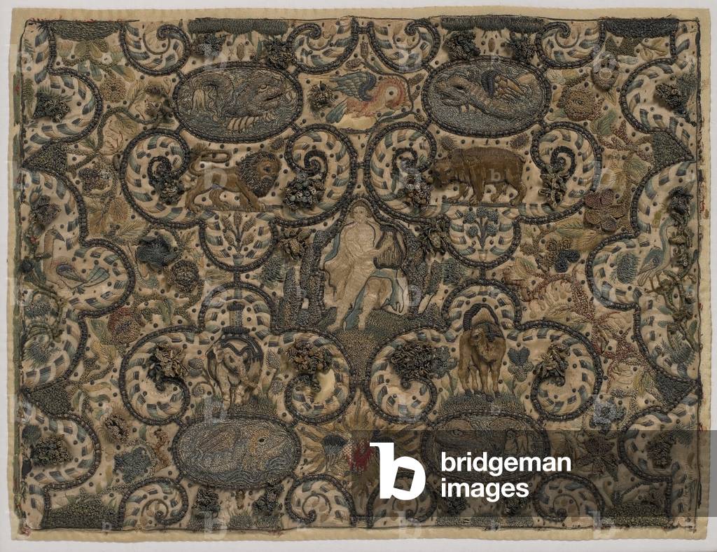 Orpheus charming the animals with his lute, raised silk embroidery, c.1630 (silk embroidery)