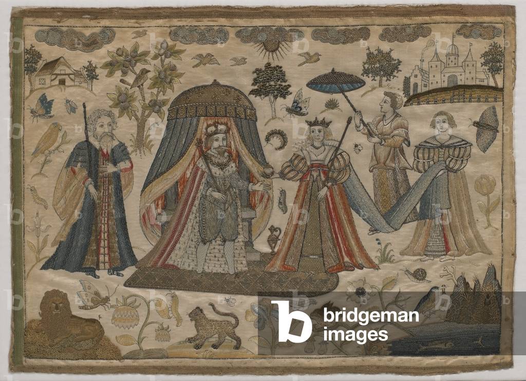 The meeting of King Solomon and the Queen of Sheba, c.1650 (flat silk embroidery)