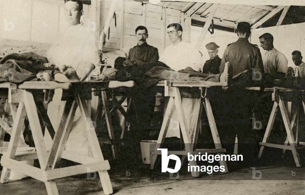 Scene in an advanced dressing station, Flanders, 1914-18 (b/w photo)