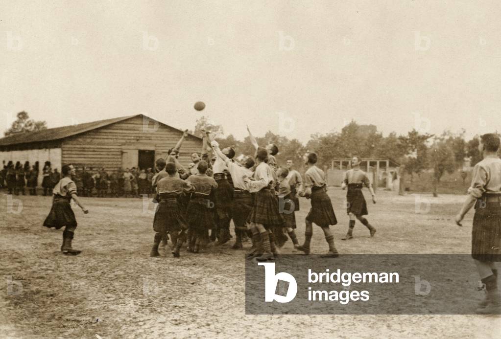 British soldiers playing Rugby behind the lines, Western Front, 1914-18 (b/w photo)