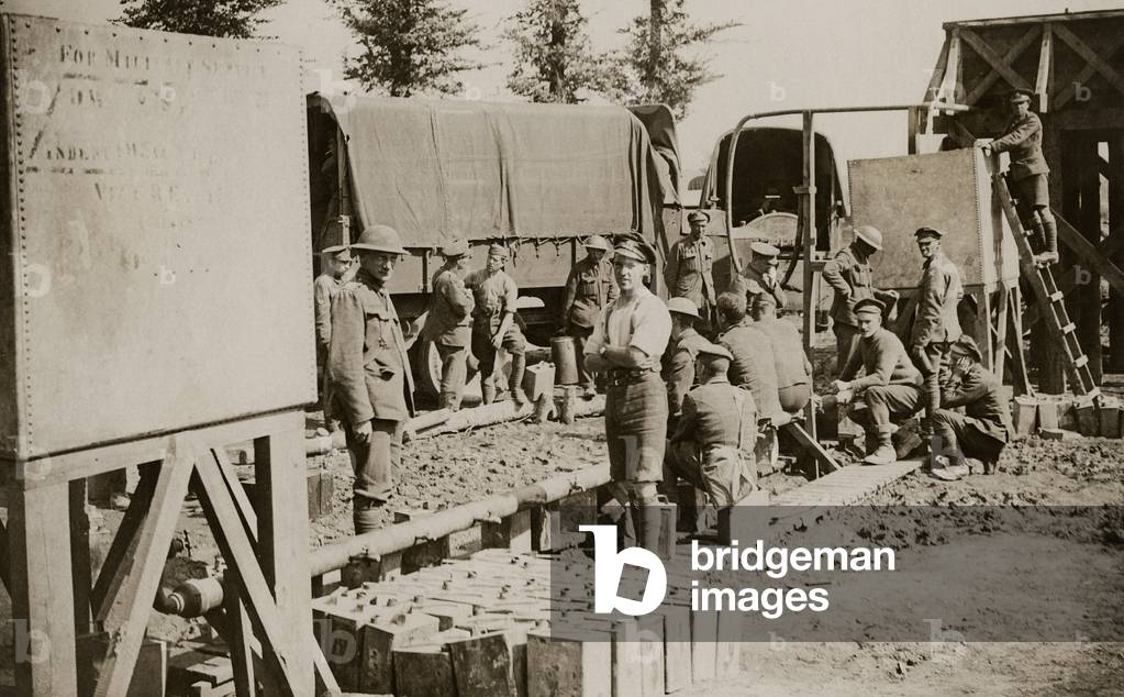 Cans of water for the British front lines, Flanders, 1914-18 (b/w photo)