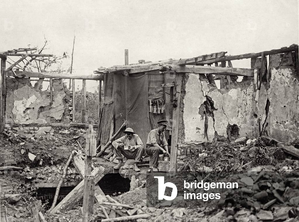 A Tommy's billet among the ruins, Western Front, 1914-18 (b/w photo)