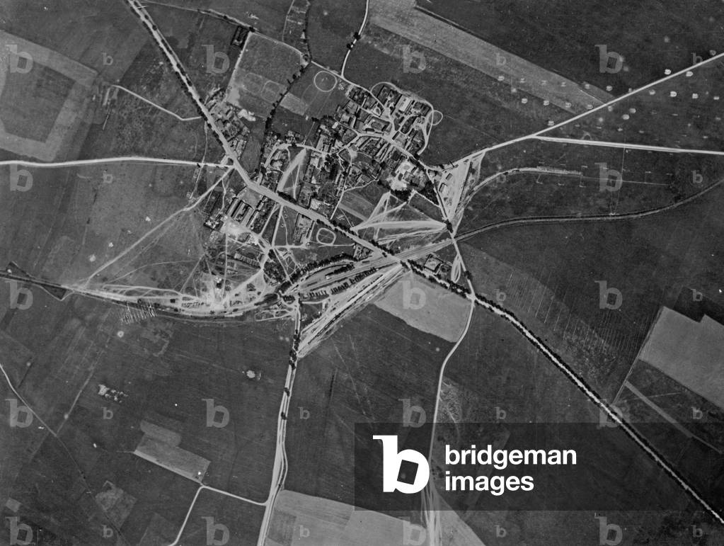 Reconnaissance photo of a town on the Western Front, 1914-18 (b/w photo)