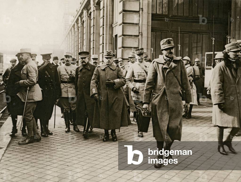 General Luigi Cadorna, the Italian Commander-in-Chief, arriving at Calais, greeted by General Joseph Joffre, the French Commander-in-Chief, March 1916 (b/w photo)