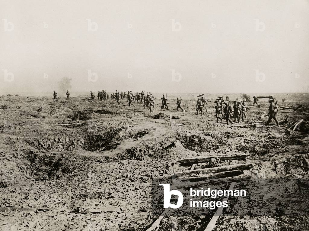 Waves of infantry going up to the attack of the 25th, Western Front, 1914-18 (b/w photo)