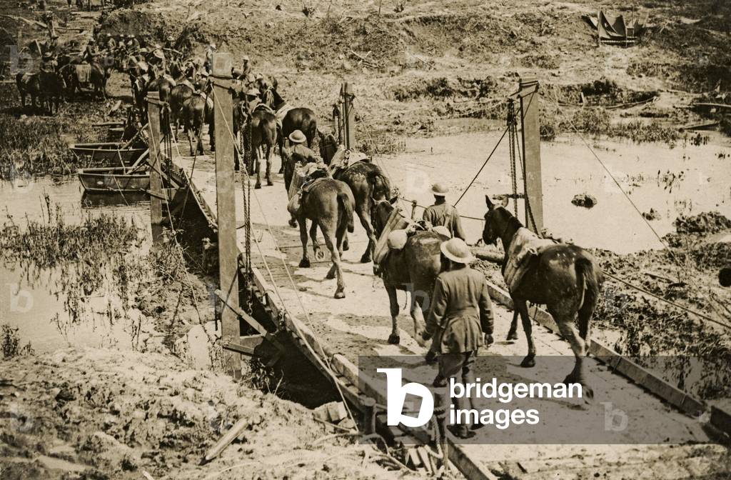 Artillery crossing the Yser, Flanders, 1914-18 (b/w photo)