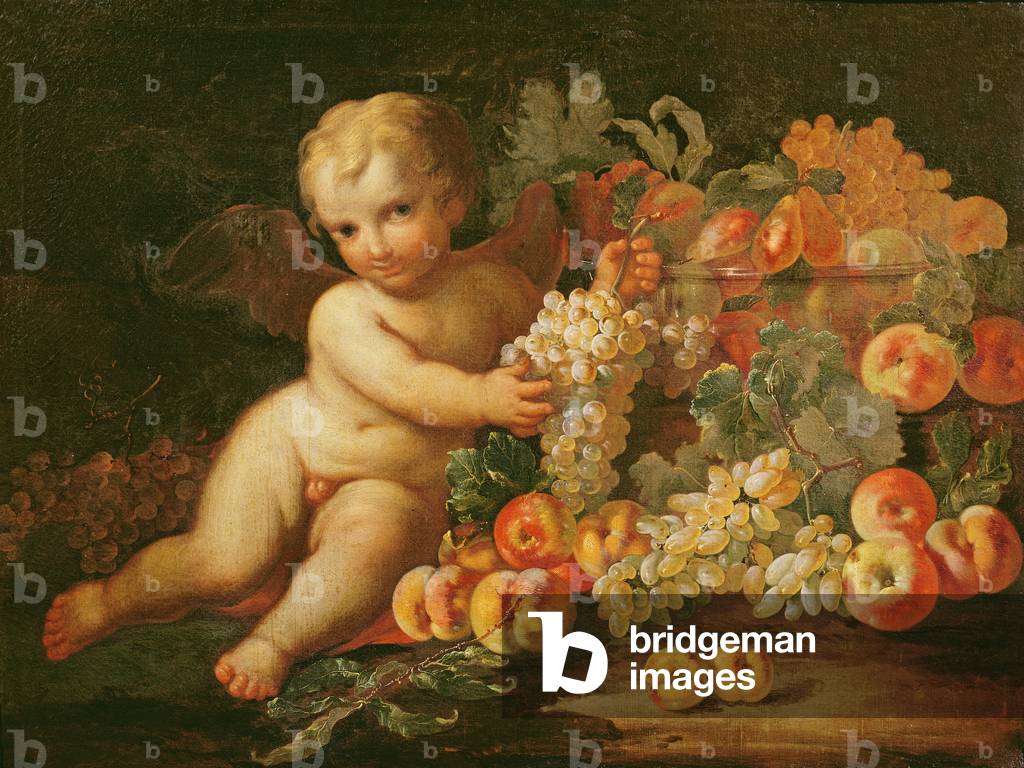 Putto con uva, mele, pesche e altra frutta (olio su tela) (coppia di 87878)