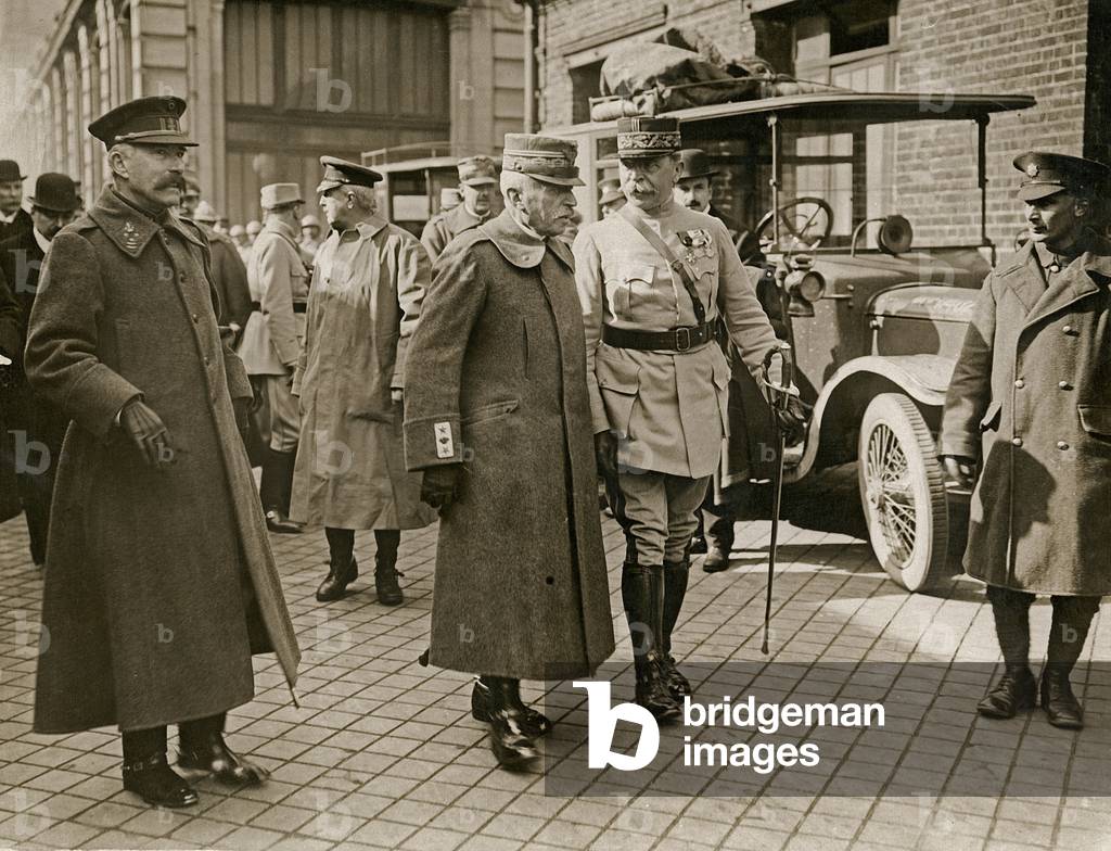 General Luigi Cadorna, the Italian Commander-in-Chief, arriving at Calais, greeted by General Joseph Joffre, the French Commander-in-Chief, March 1916 (b/w photo)