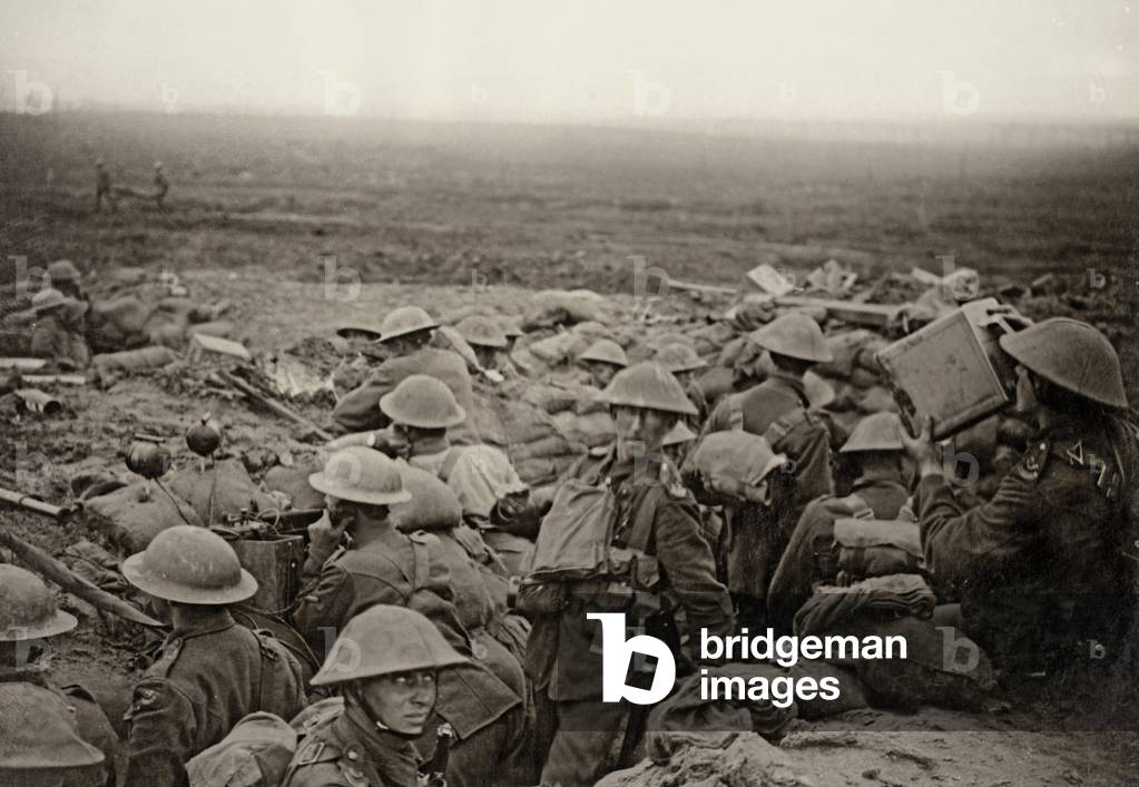 North county troops waiting to advance at the Battle of the Menin Road, Flanders, September 1917 (b/w photo)