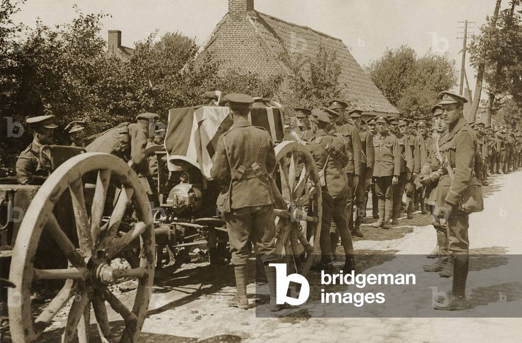 Funeral procession for a British soldier on the Western Front, 1914-18 (b/w photo)