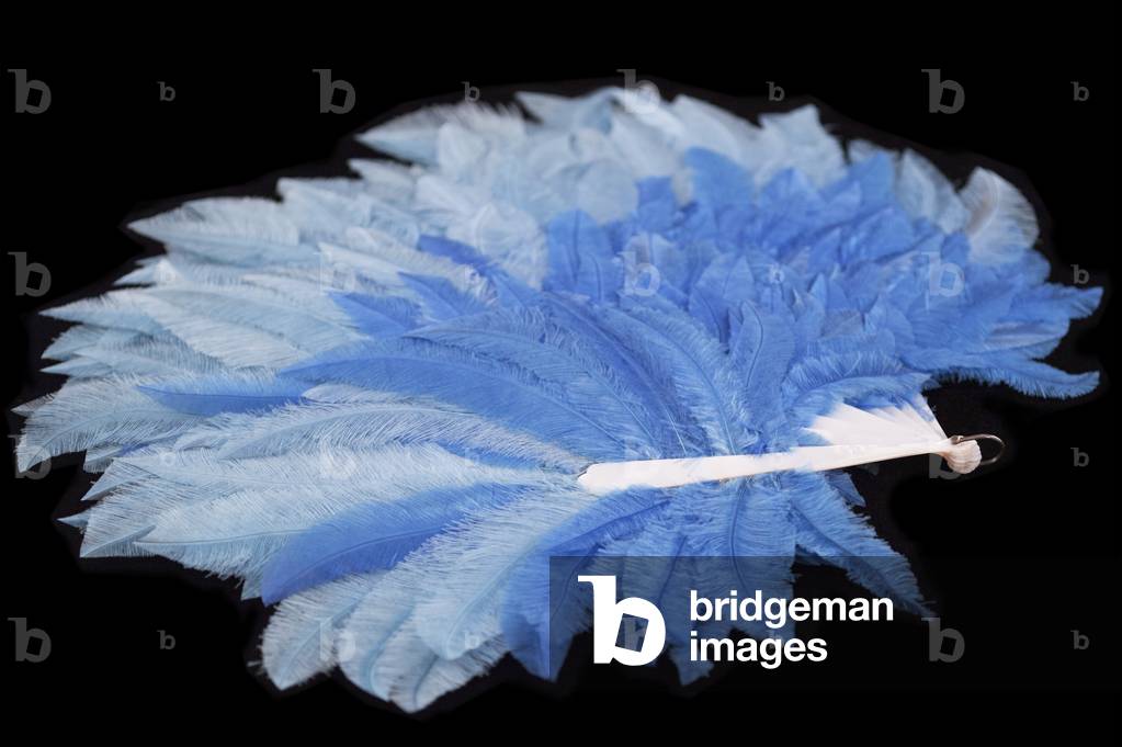 Blue ostrich feather fan, 1933 (feathers with mother-of-pearl sticks)