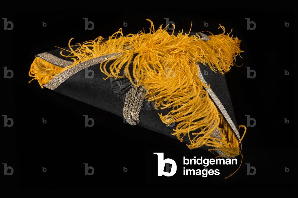 Three-cornered hat with orange ostrich feather border, by Meyer and Mortimer Ltd, London, 1911