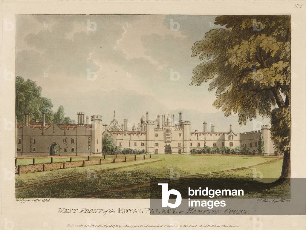 West Front of the Royal Palace at Hampton Court (hand-coloured etching & aquatint)