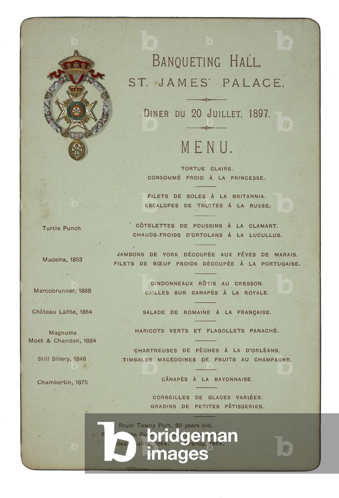 Menu for a dinner at St James's Palace, 1897 (colour litho)