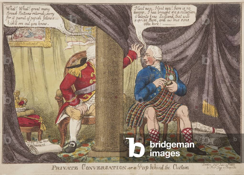 Private conversation or a peep behind the curtain, 1807 (coloured engraving)